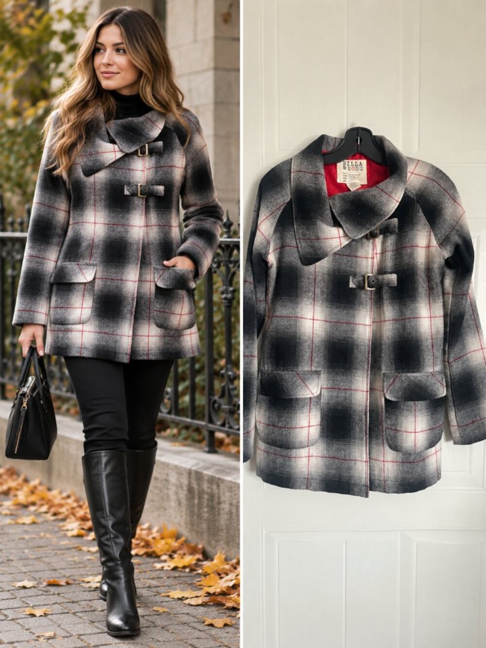 Billabong Gray Black Red Plaid Wool Blend Buckle Coat Tailored Dark Academia S